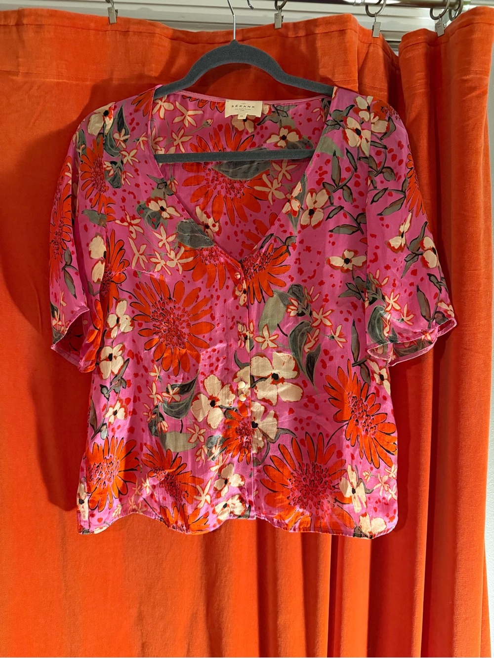 Sézane Pink Floral V-Neck Blouse with Red & Gray Accents